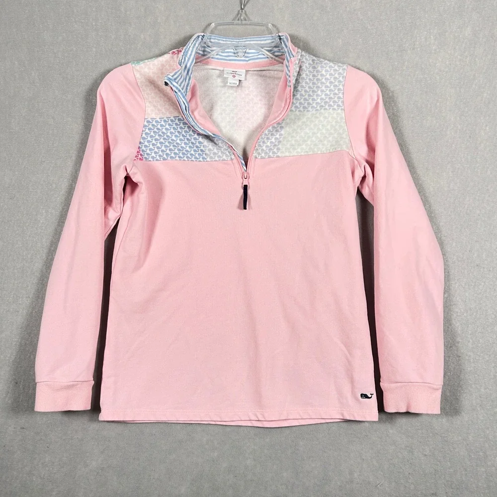 Vineyard Vines Pullover Girls L 10/12 Pink Patchwork Whale Print Quarter Zip Top